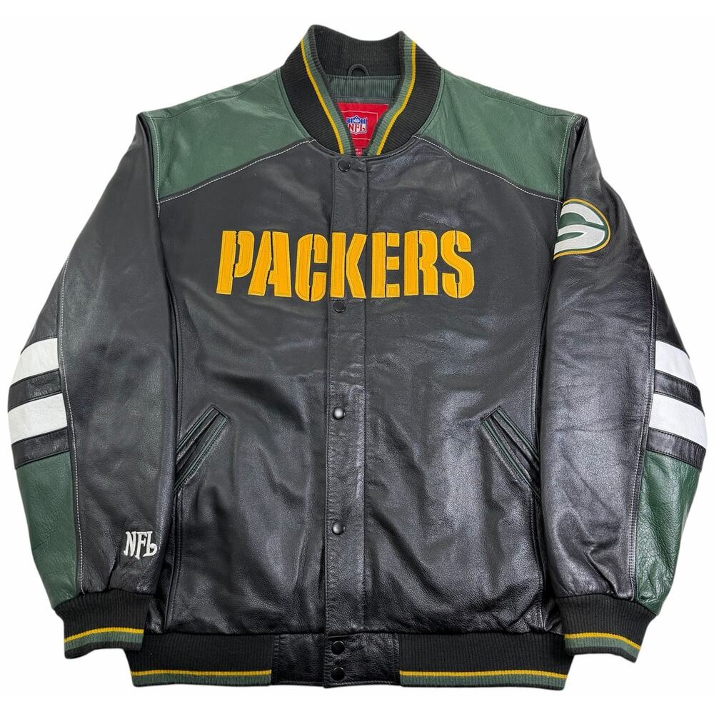 Vintage 90s Green Bay Packers Leather NFL Football Men's Large Bomber Jacket
